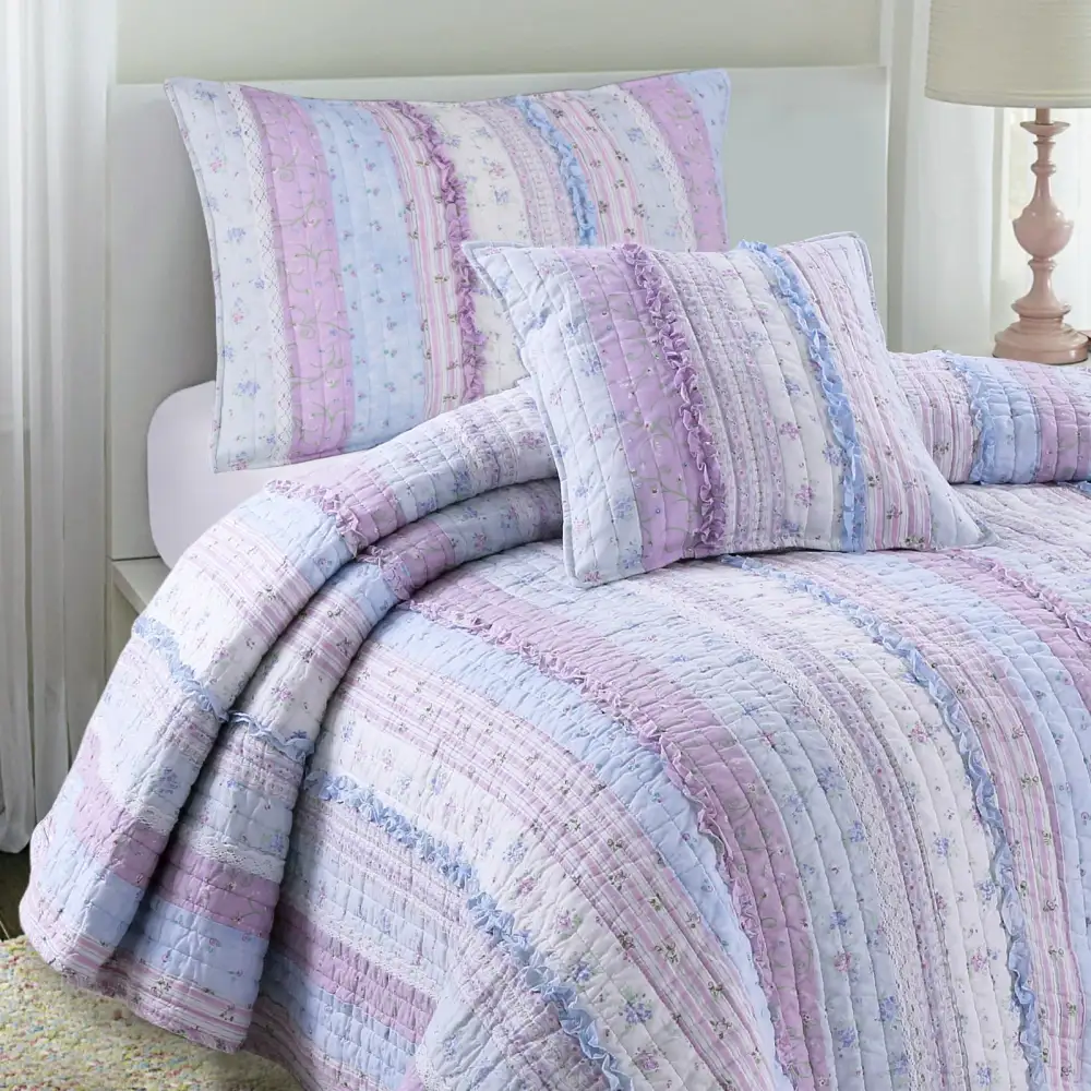 Elegant Cotton Patchwork Ruffled Reversible Quilt Bedding Set