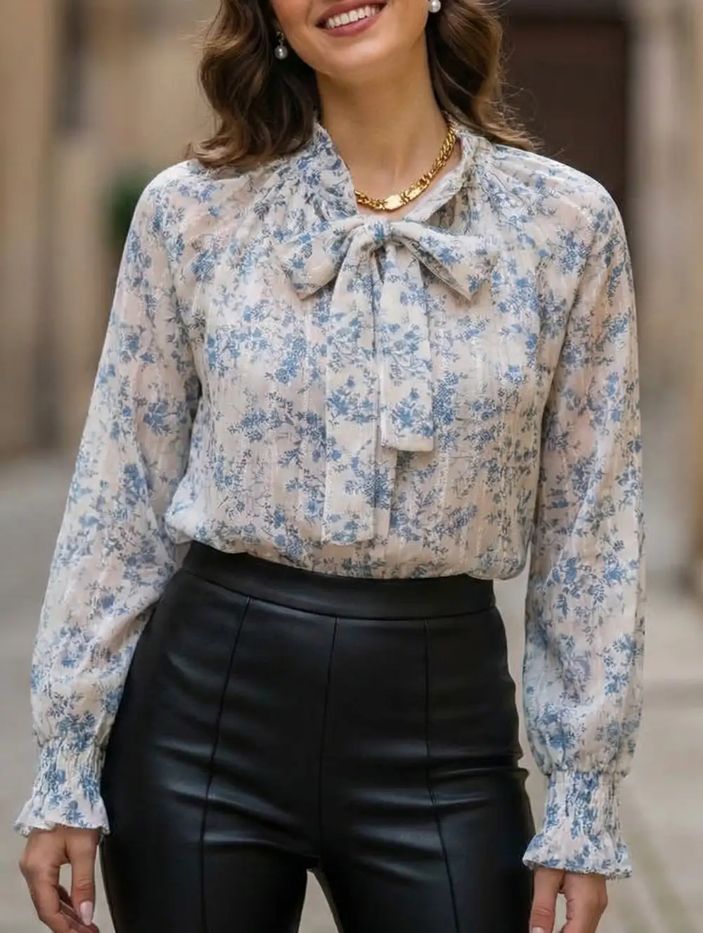 Floral V Neck Tie Long Sleeve Blouse
