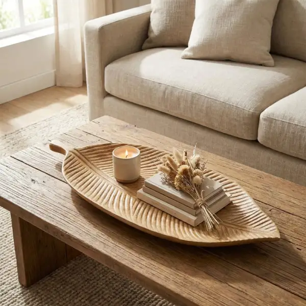 Carved Wood Leaf Serving Tray