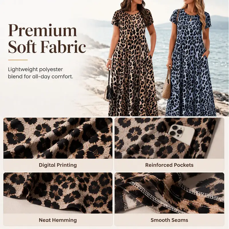 Summer Hot Sale 50% Off! Women's Leopard Print Maxi Dress with Pockets Casual Short Sleeve Long Dress