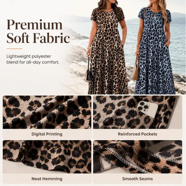 Summer Hot Sale 50% Off! Women's Leopard Print Maxi Dress with Pockets Casual Short Sleeve Long Dress