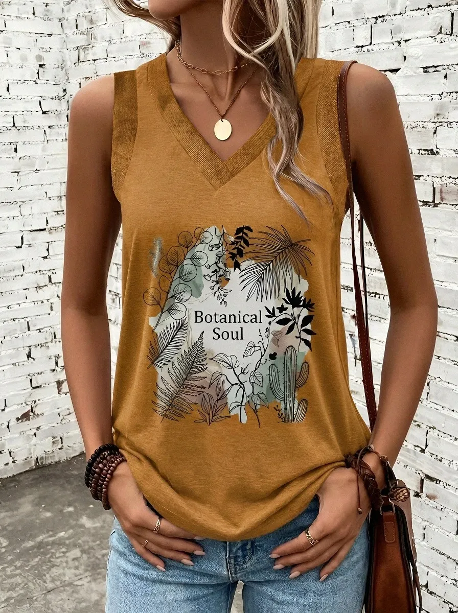 Women's Botanical Soul Plant Leaf Printed V-Neck Tank Top
