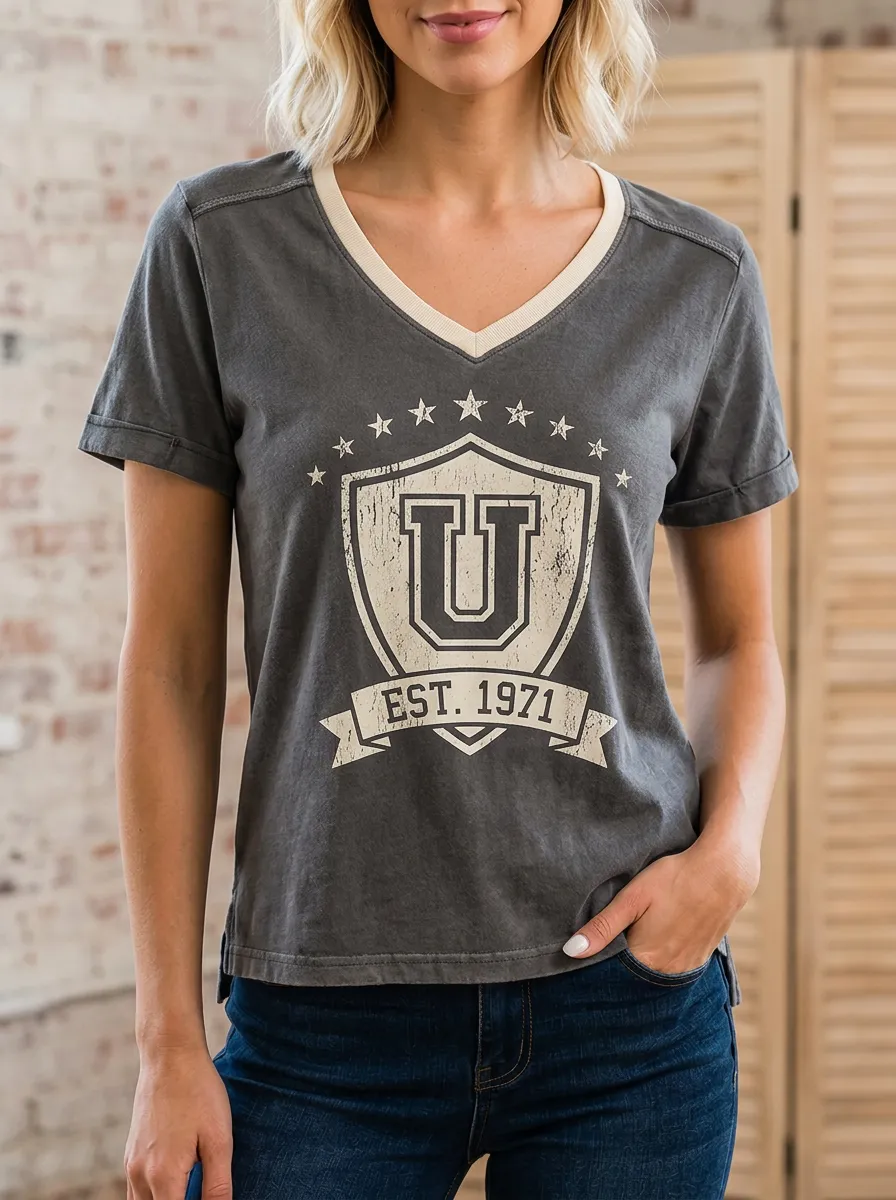 Women's Varsity U 1971 Shield Stars Printed V-Neck T-Shirt