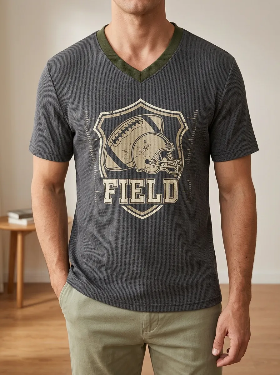 Men's American Football Field Helmet Shield Printed Waffle Top