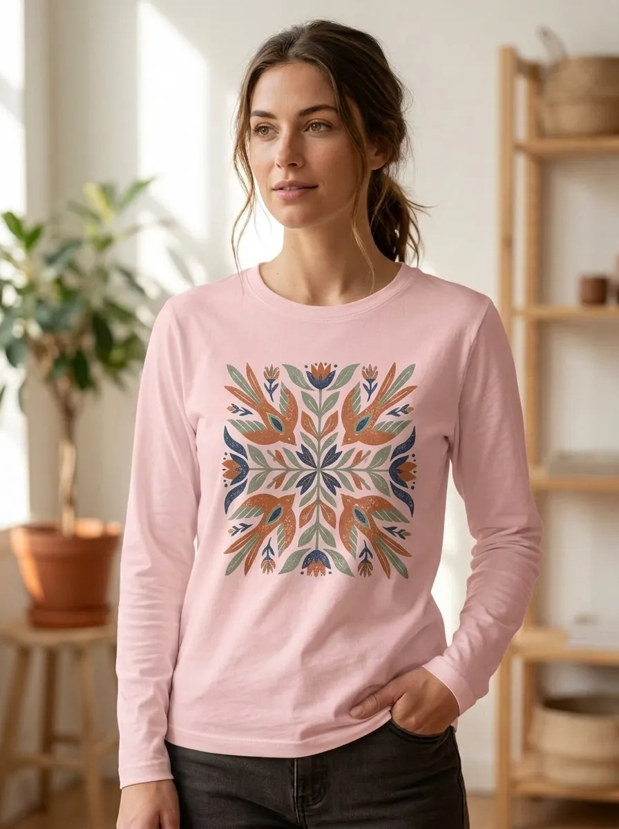 Women's Folk Art Bird Floral Pattern Printed Long Sleeve Top