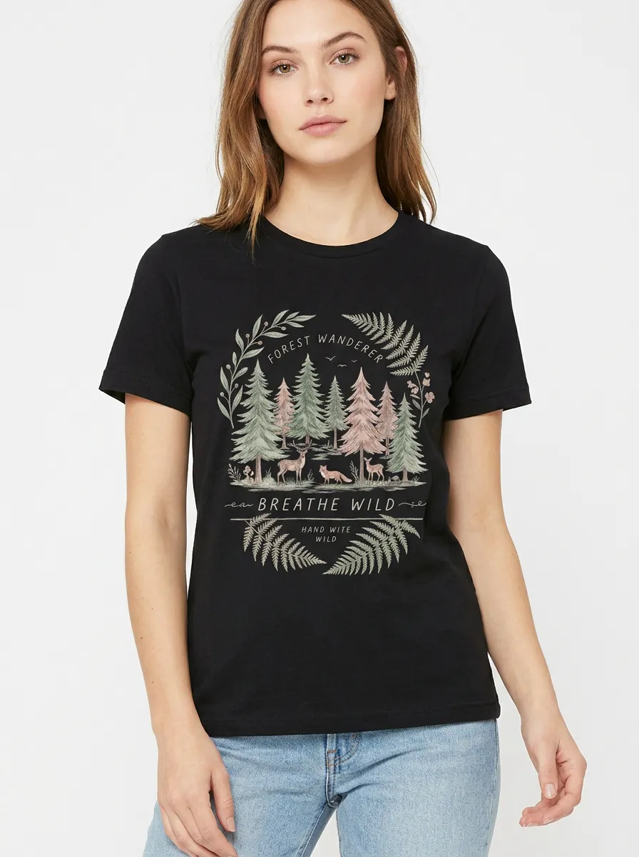 Women's Forest Wanderer Nature Deer Fox Printed T-shirt