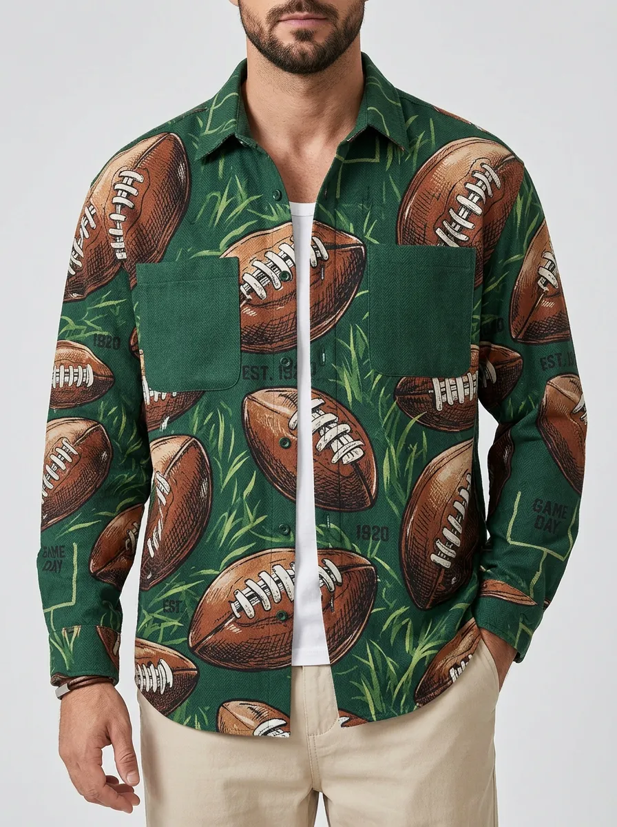 Men's American Football Game Day Grass Printed Button Down Shirt