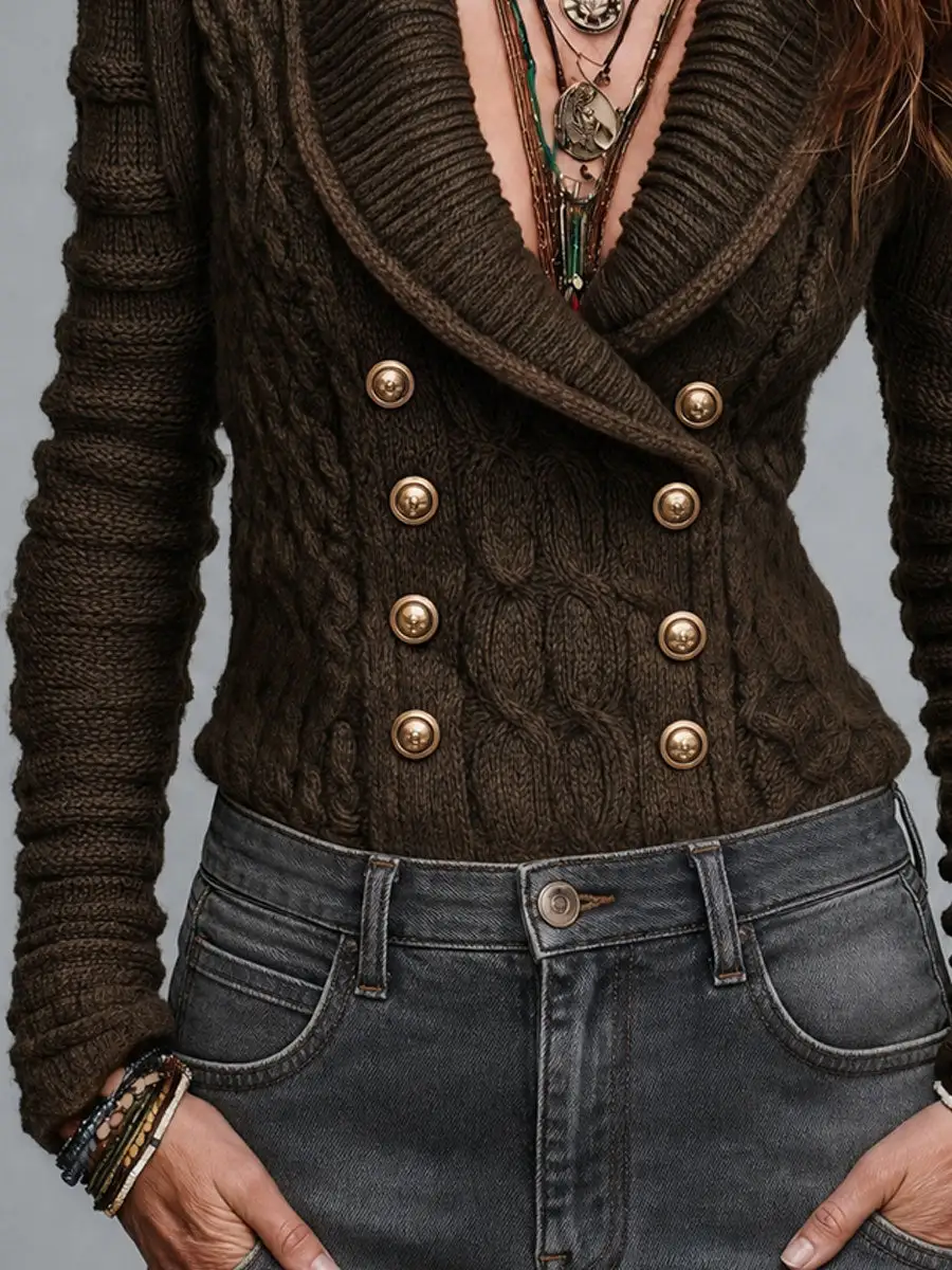 Boho Cable Knit Double-Breasted Shawl Collar Cardigan