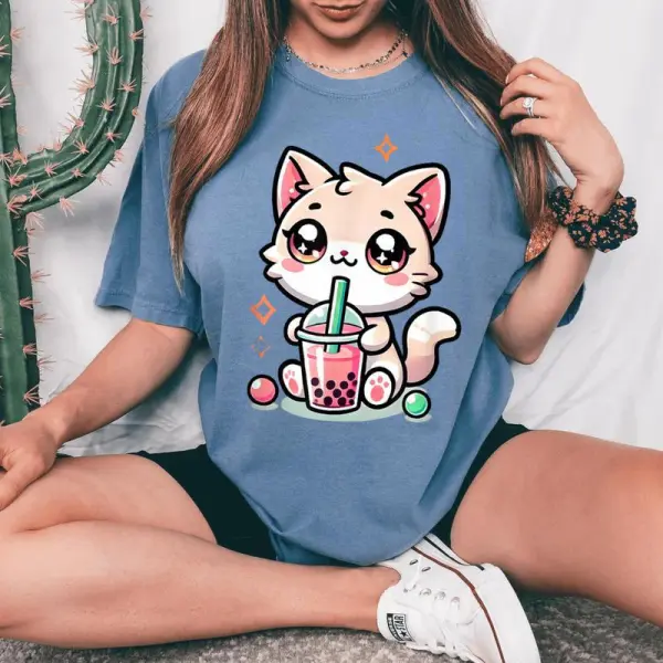 Cute Cat Boba Tea Bubble Tea Anime Kawaii Neko Girls Women's Oversized Comfort T-Shirt