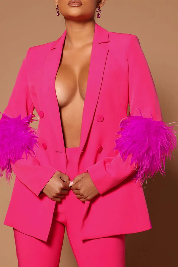 Feather Trim Stylish Pant Suit