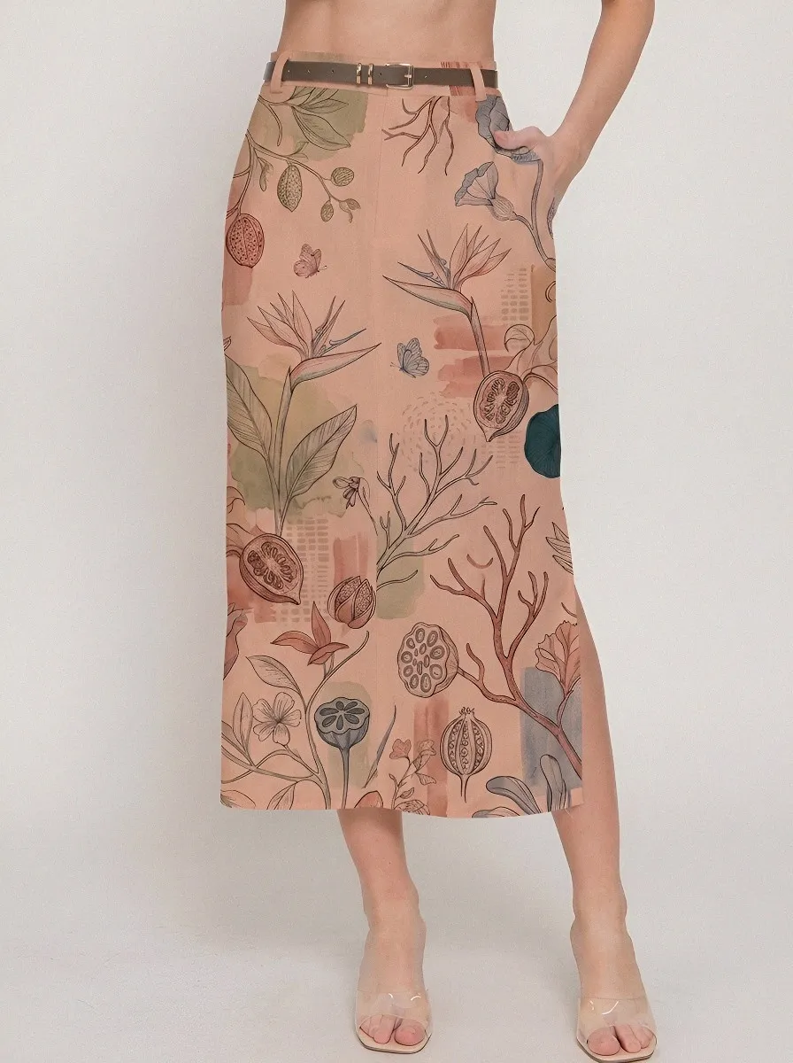Women's Botanical Art Floral Butterfly Printed Midi Skirt