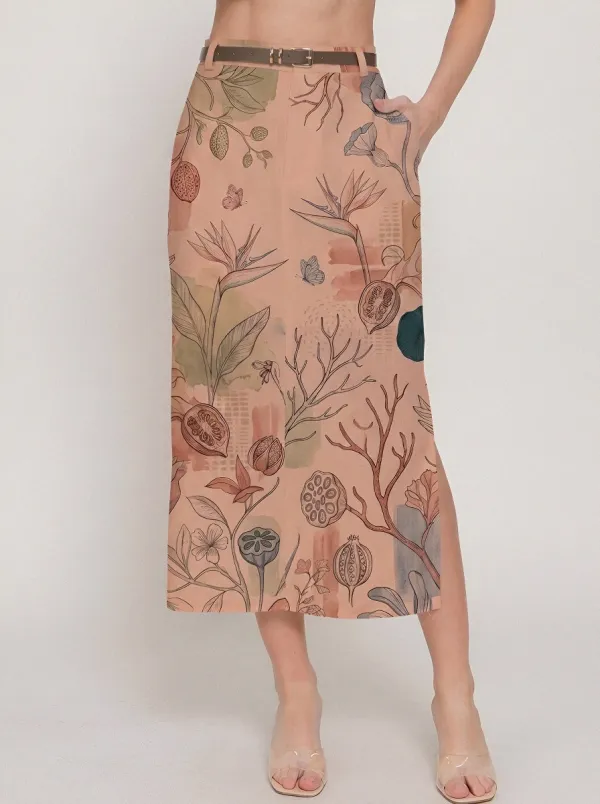Women's Botanical Art Floral Butterfly Printed Midi Skirt