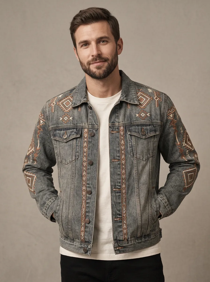 Men's Tribal Geometric Boho Printed Denim Jacket