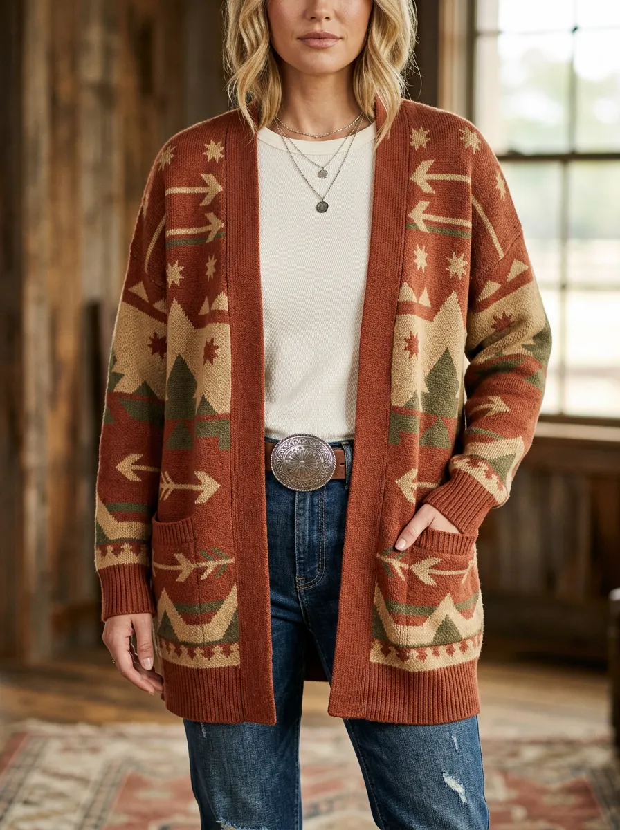 Women's Western Aztec Arrow Geometric Printed Cardigan Sweater