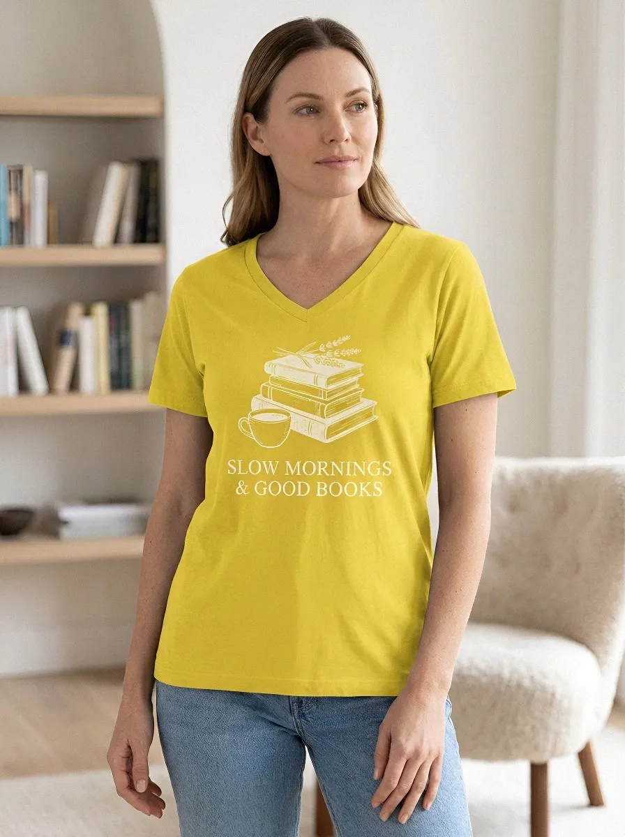 Women's Book Lover Coffee Slow Mornings Printed V-Neck T-Shirt