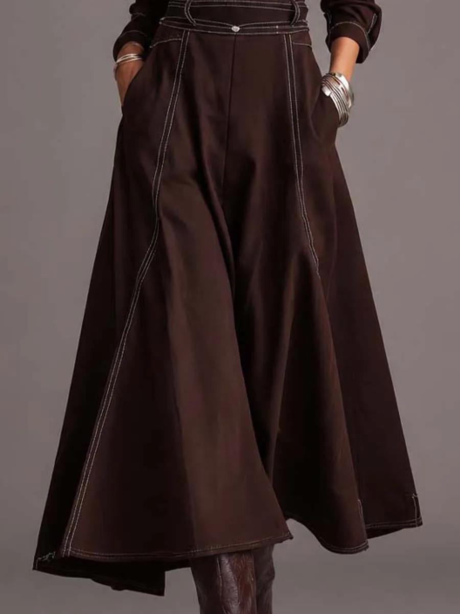 Vintage Western Shirt Collar Contrast Stitching Dark Brown Twill Midi Dress