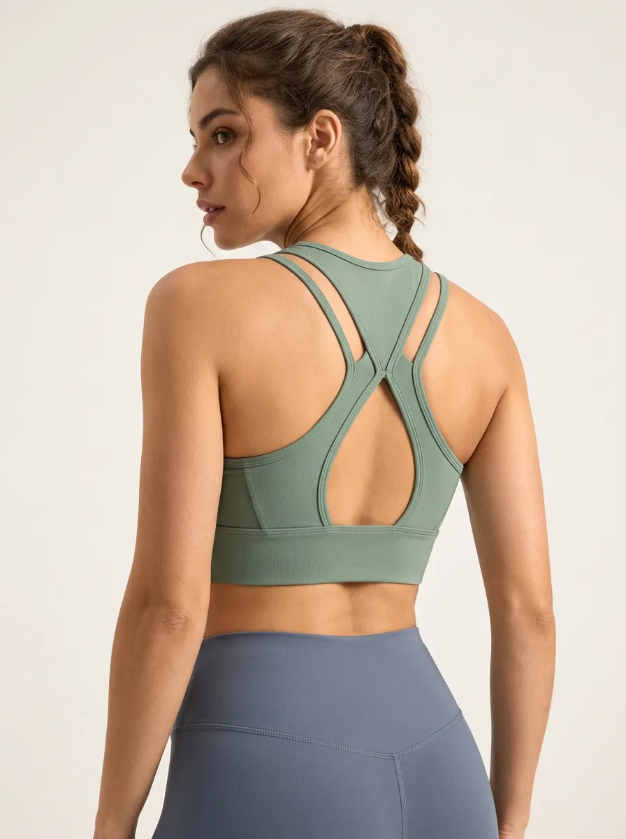Women's Strappy Cross Back Sports Bra with Solid Color Detail