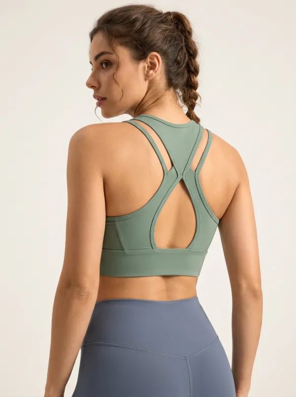 Women's Strappy Cross Back Sports Bra with Solid Color Detail