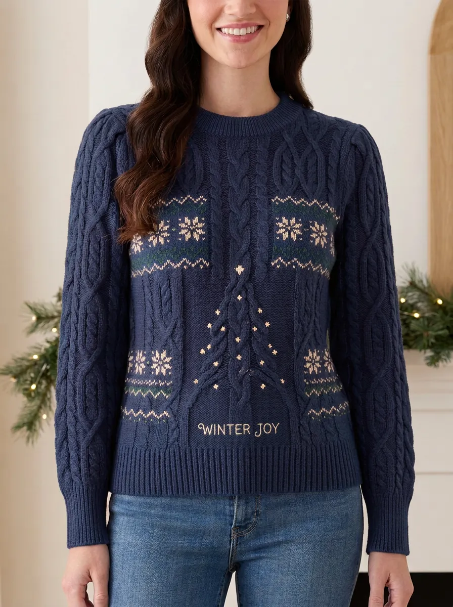 Christmas Winter Joy Snowflake Tree Pattern Knitted Sweater