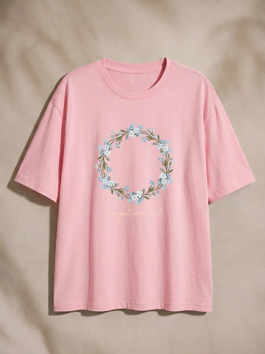 Women's Floral Lover Forget Me Not Wreath Printed T-shirt