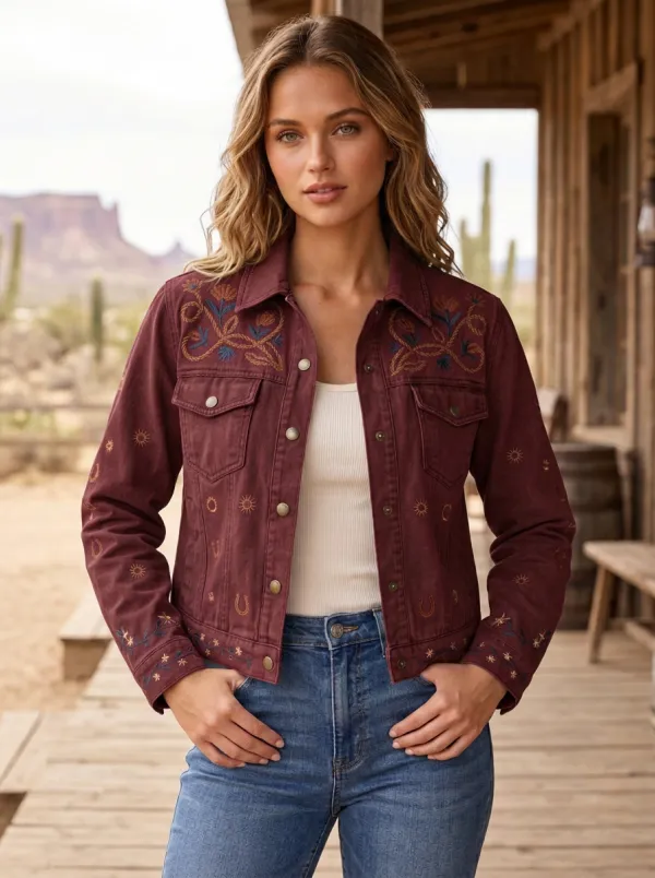 Women's Western Cowboy Horseshoe Horse Floral Embroidery Floral Denim Jacket