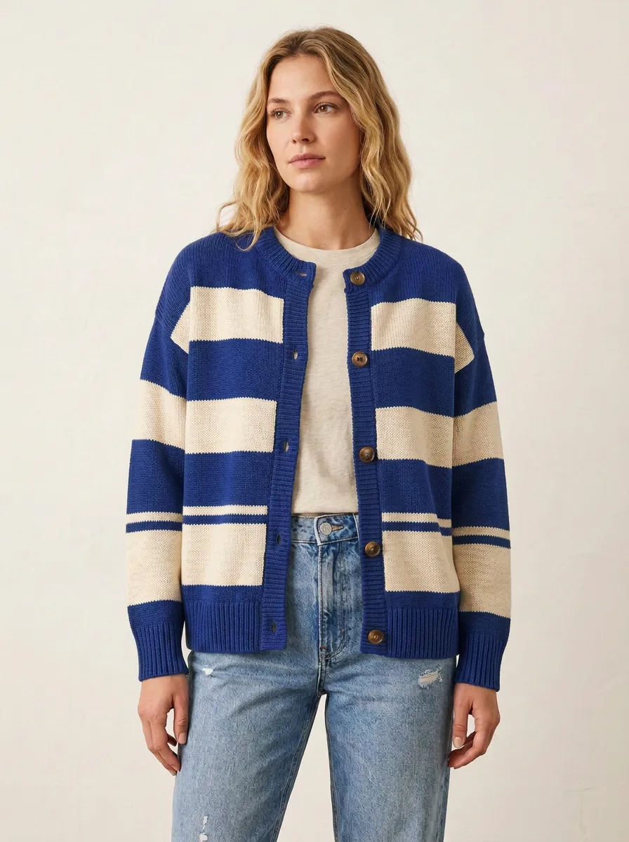 Striped Rugby Striped Button Front Knit Cardigan
