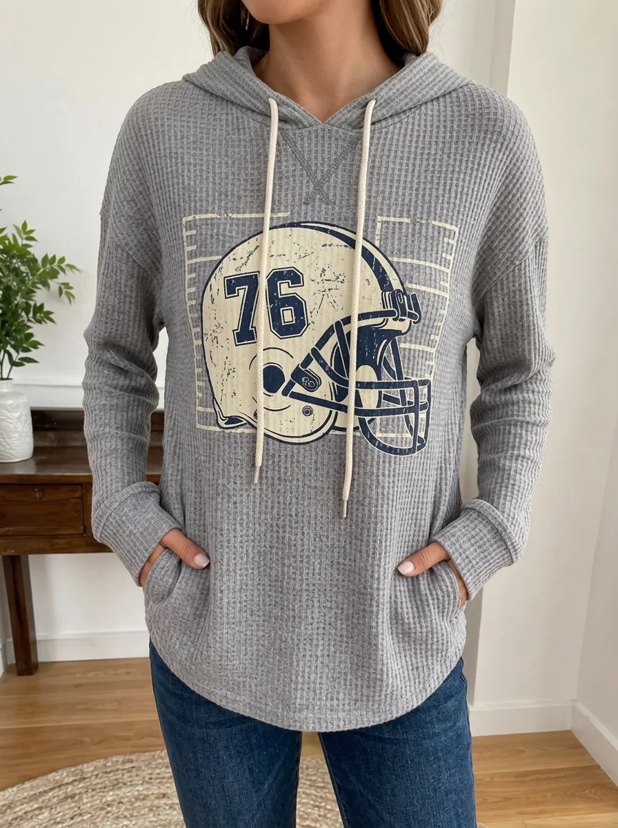 Women's Heritage Football Fan Helmet Graphic Printed Waffle Hoodie