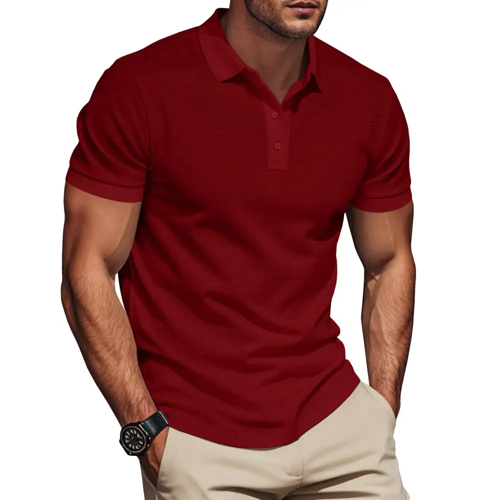 Waffle Texture Button Placket Fitted Polo Shirt