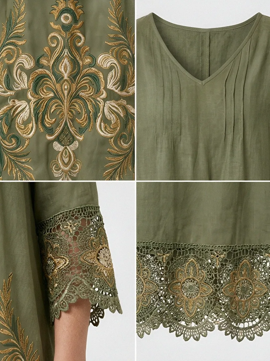 Women's Summer Vacation Olive Floral Embroidered Lace Trimmed Dress