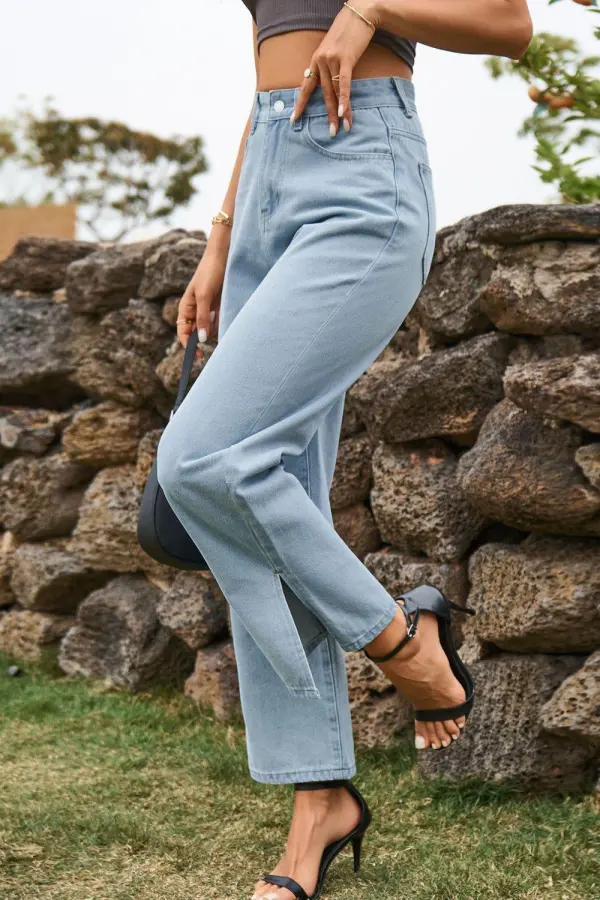 High Waist Loose Fit Ankle Slit Denim Jeans