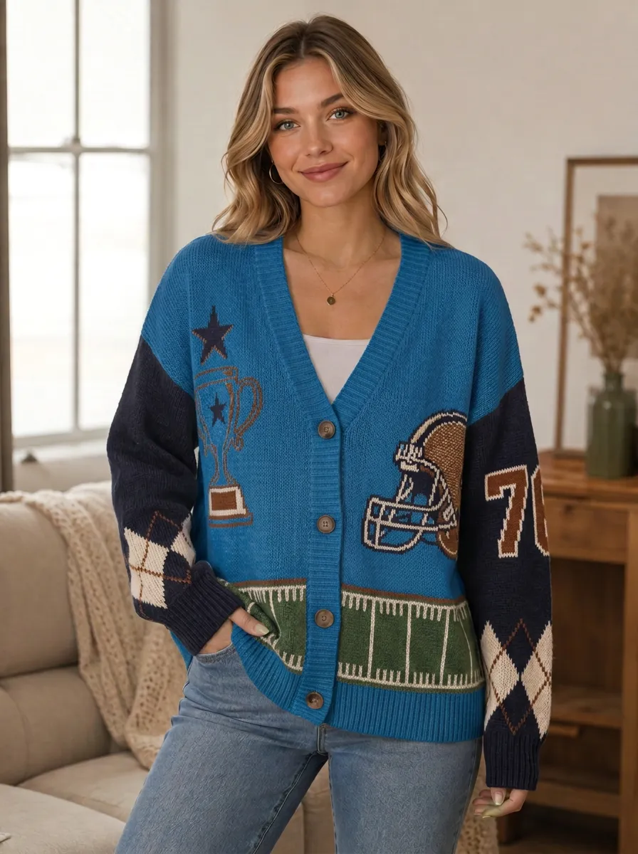 Women's Football Cream Graphic Intarsia Knit Cardigan