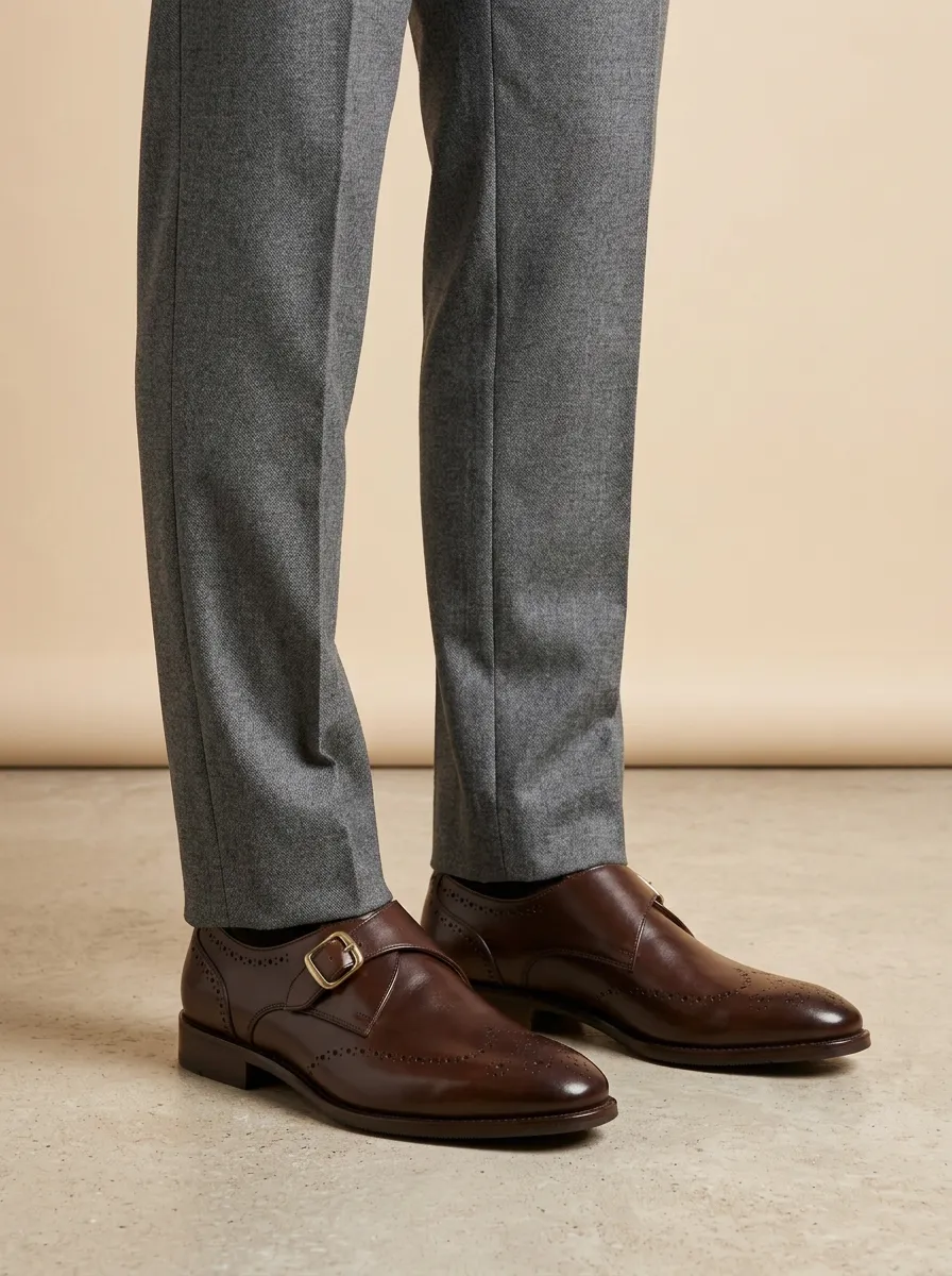 Men's Classic Brogue Monk Strap Leather Shoes