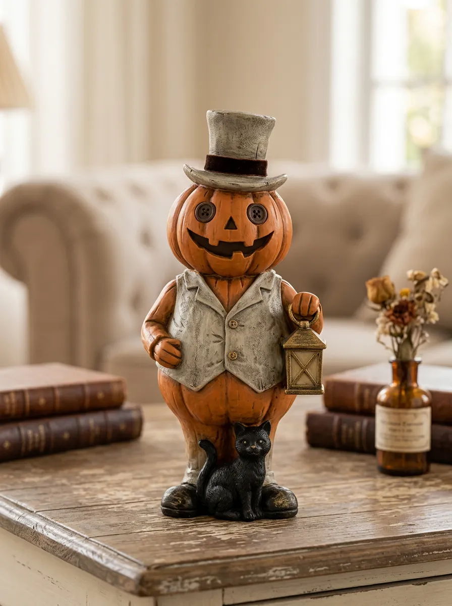 Halloween Pumpkin Man with Top Hat and Black Cat Resin Figurine