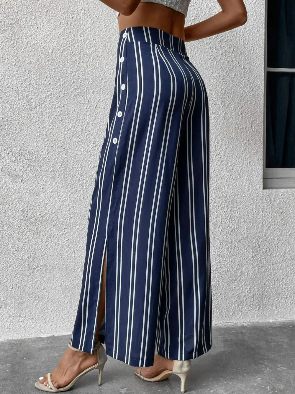 Wide Leg Striped Slit Detail Everyday Pants