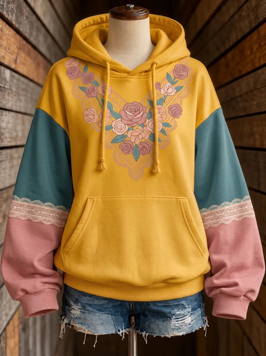 Women's Western Style Rose Lace Printed Hoodie