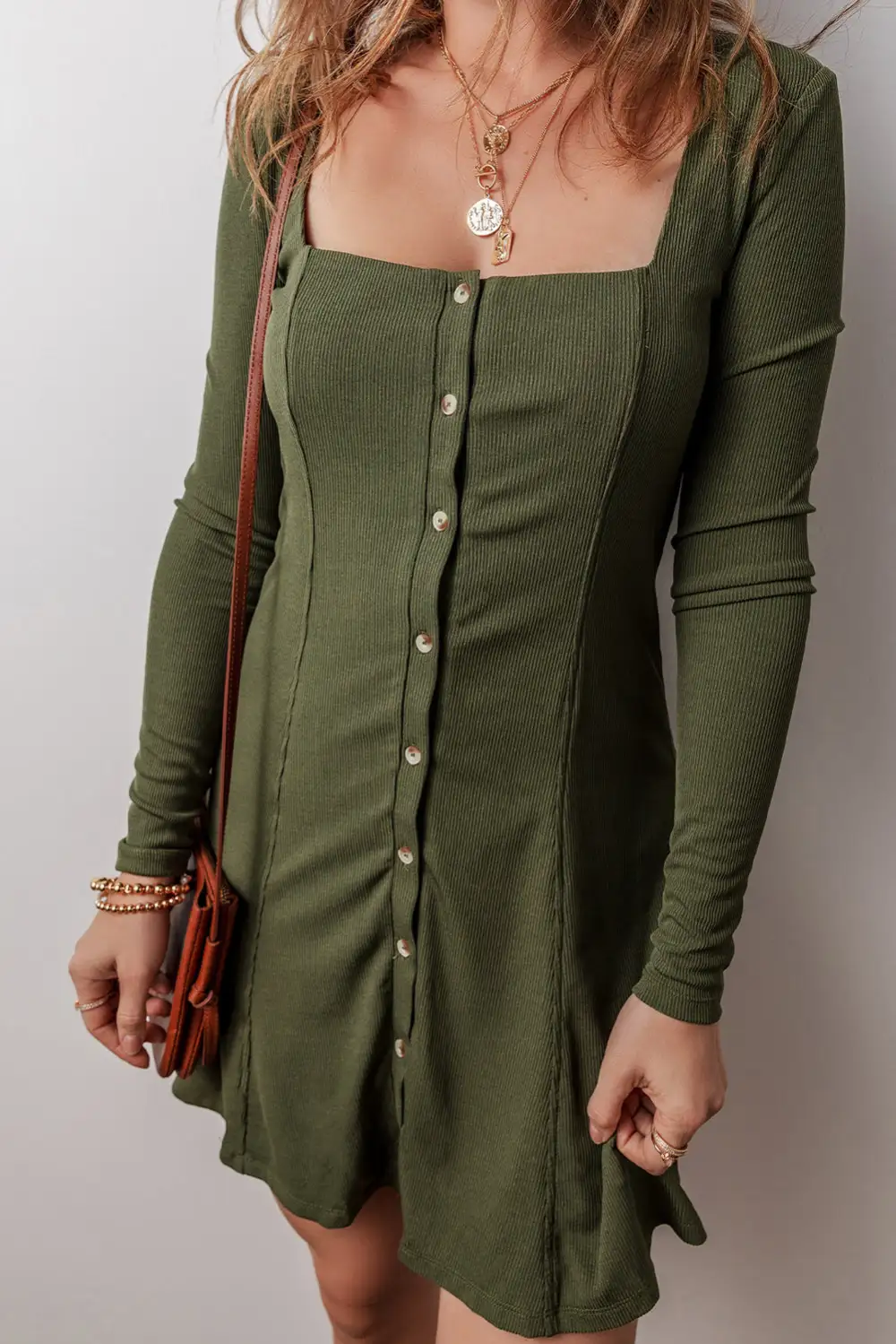 Knit Button Front Square Neck Mini Dress