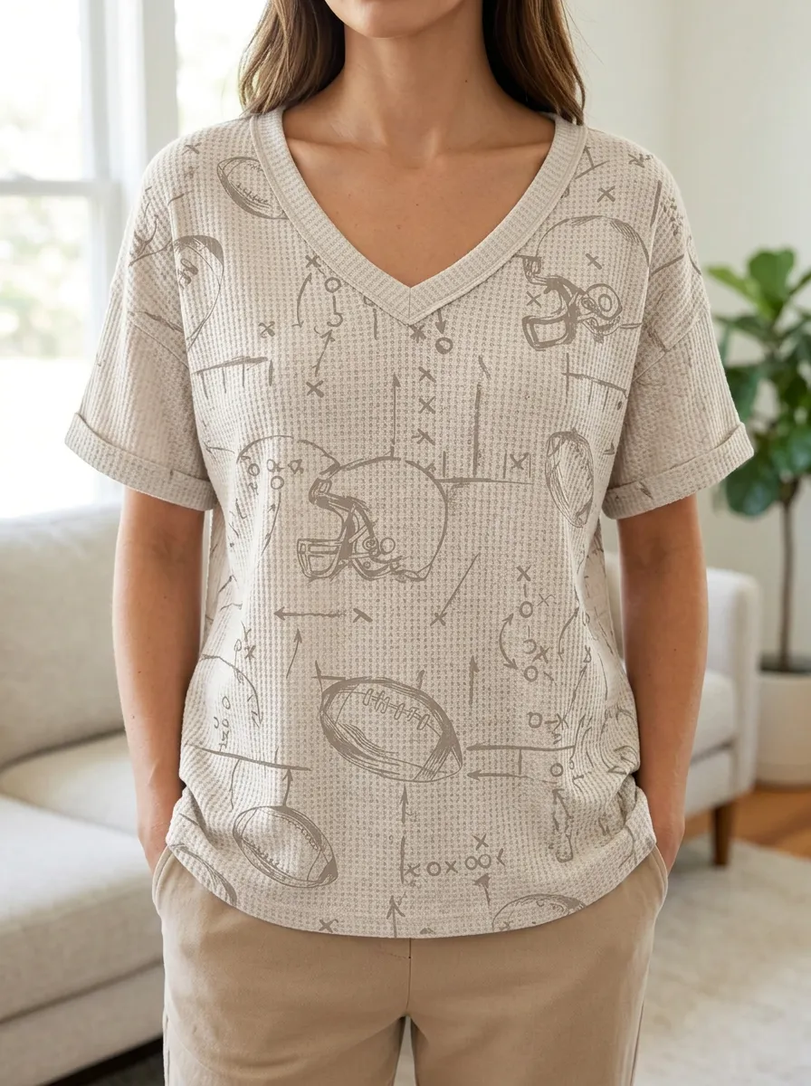 Women's Sideline Football Fan Helmet Playbook Printed Waffle Knit Top