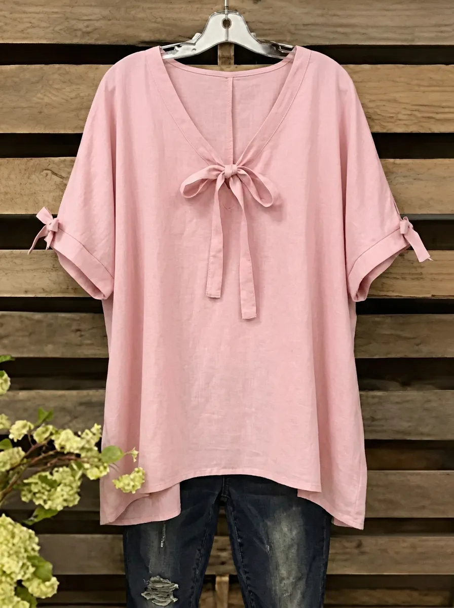 Women's V-neck Tie-neck Short Sleeve Blouse