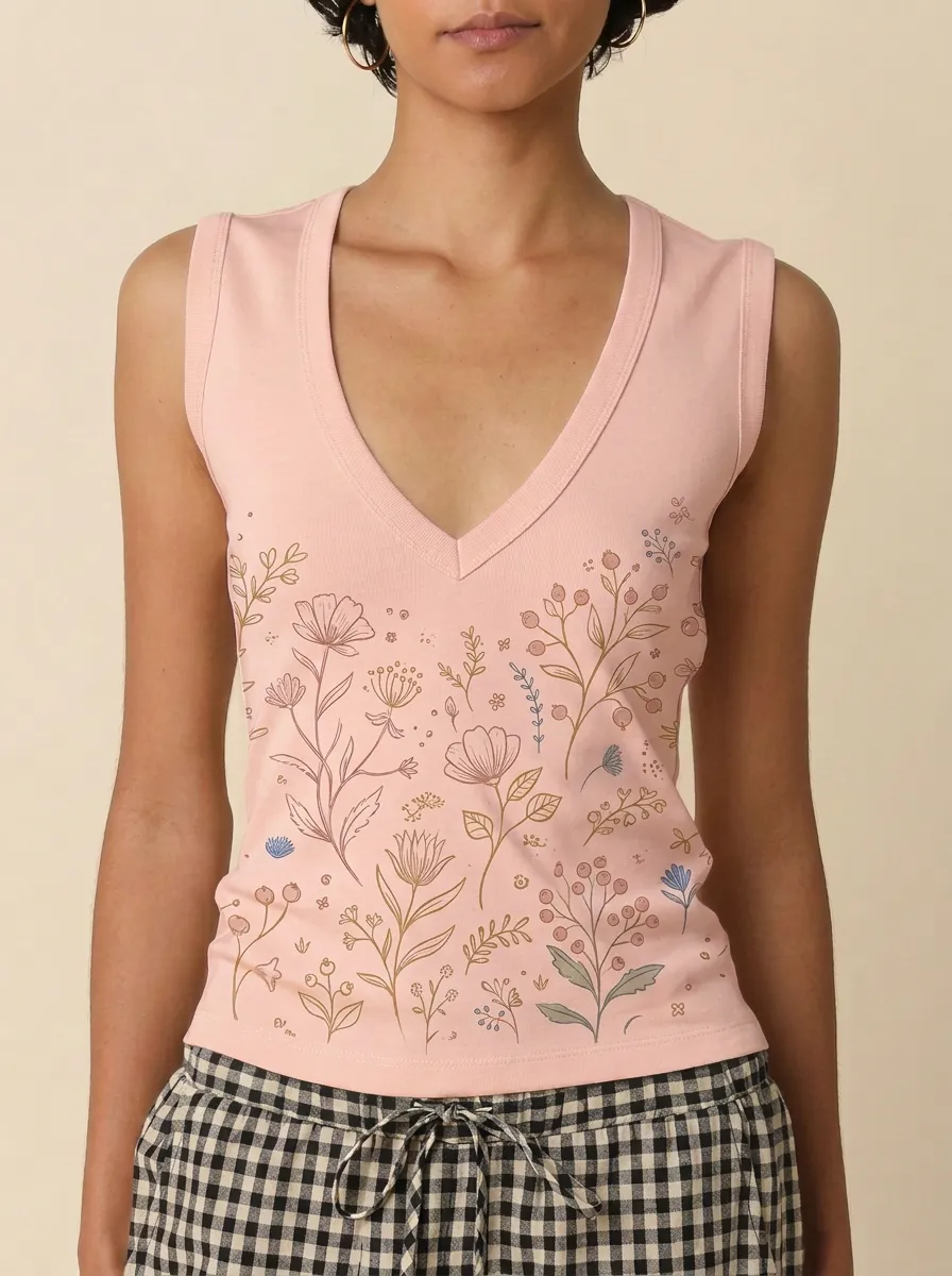 Women's Botanical Nature Lover Wildflower Printed V-neck Tank Top