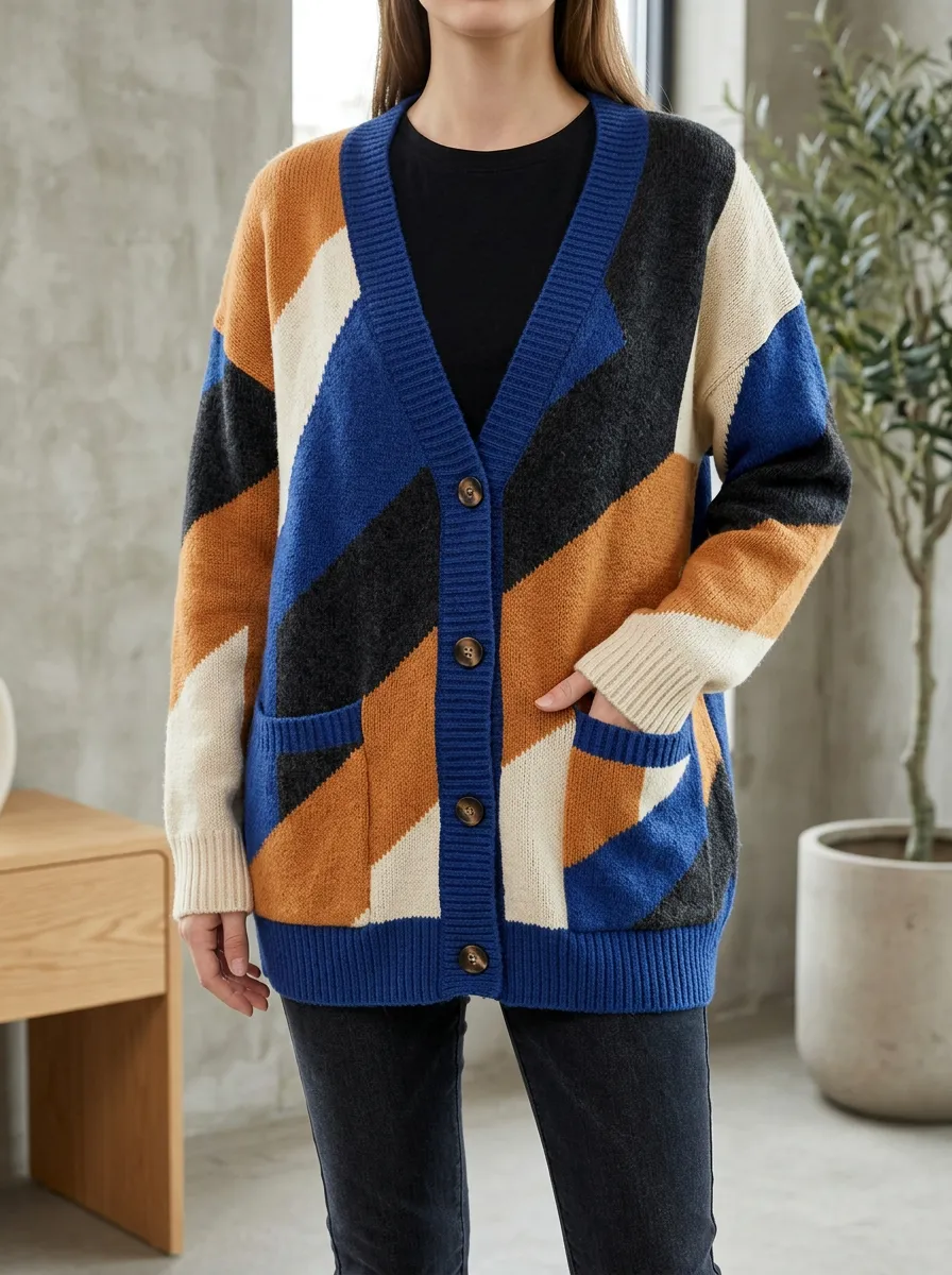 Women's Geometric Colorblock Pattern Knitted Patch Pocket Transitional Layering Cardigan