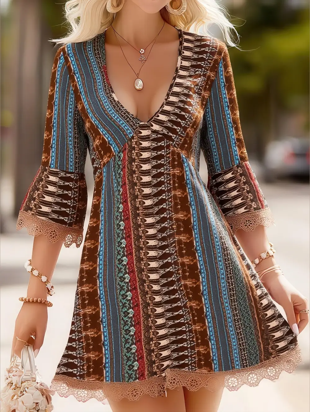 V Neck Print Loose Bohemian Mini Dress