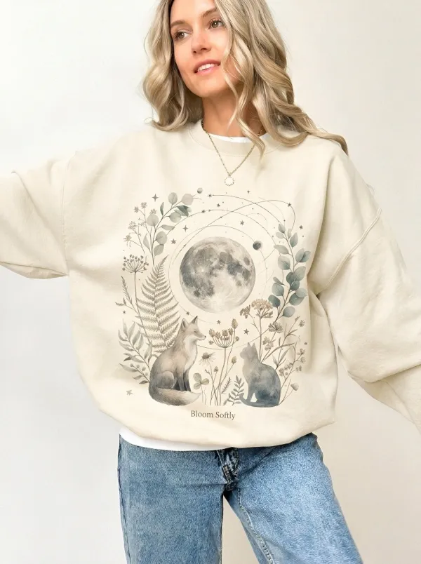 Women's Celestial Fox and Cat Moon Floral Printed Sweatshirt