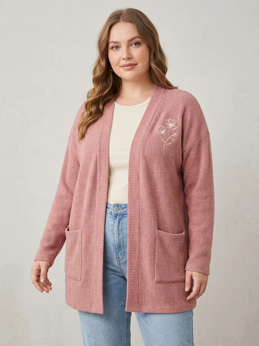 Pink Floral Embroidered Ribbed Open-Front Cardigan