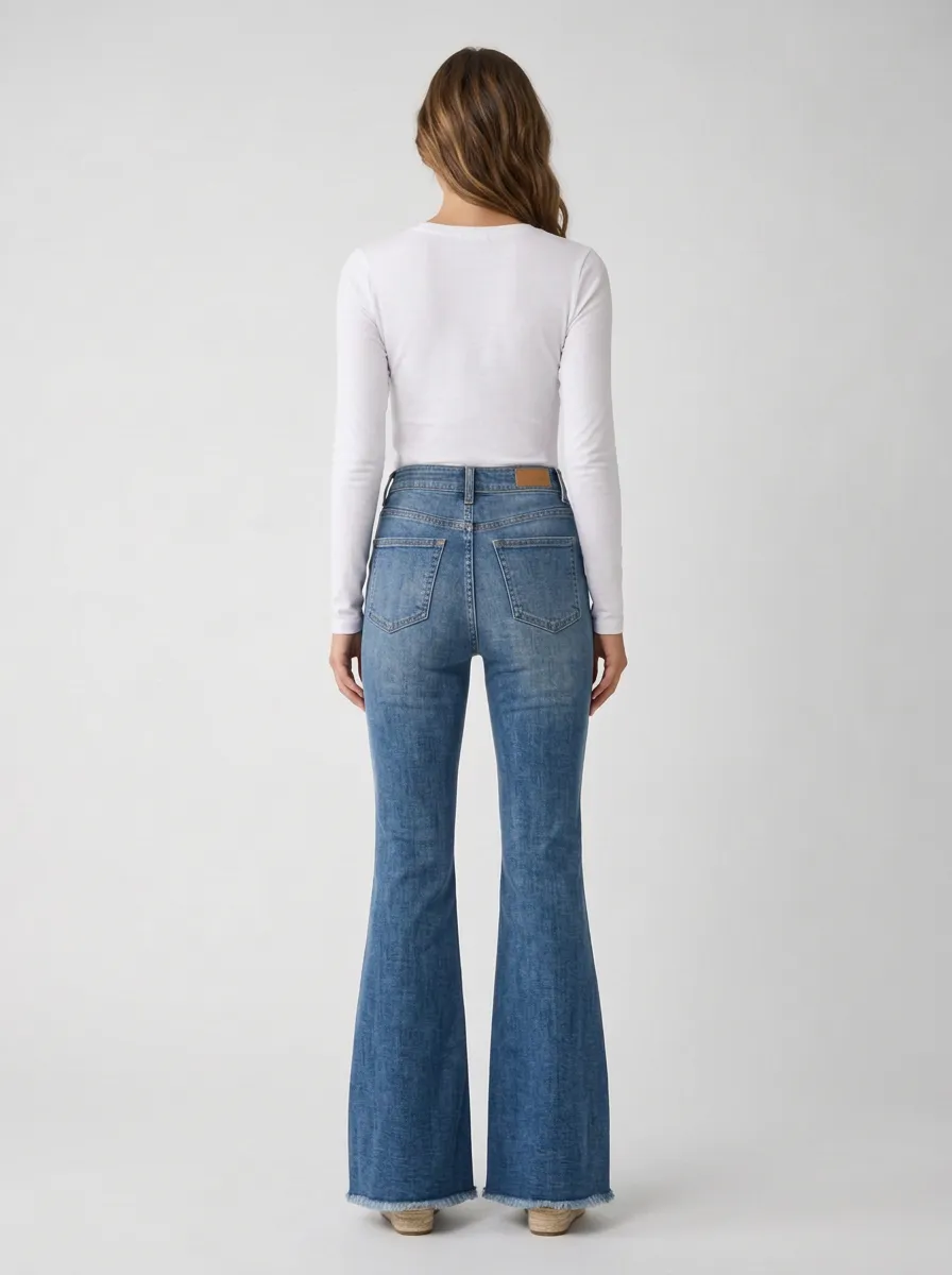 Women's Classic High-Waisted Button-Front Raw Hem Flare Jeans