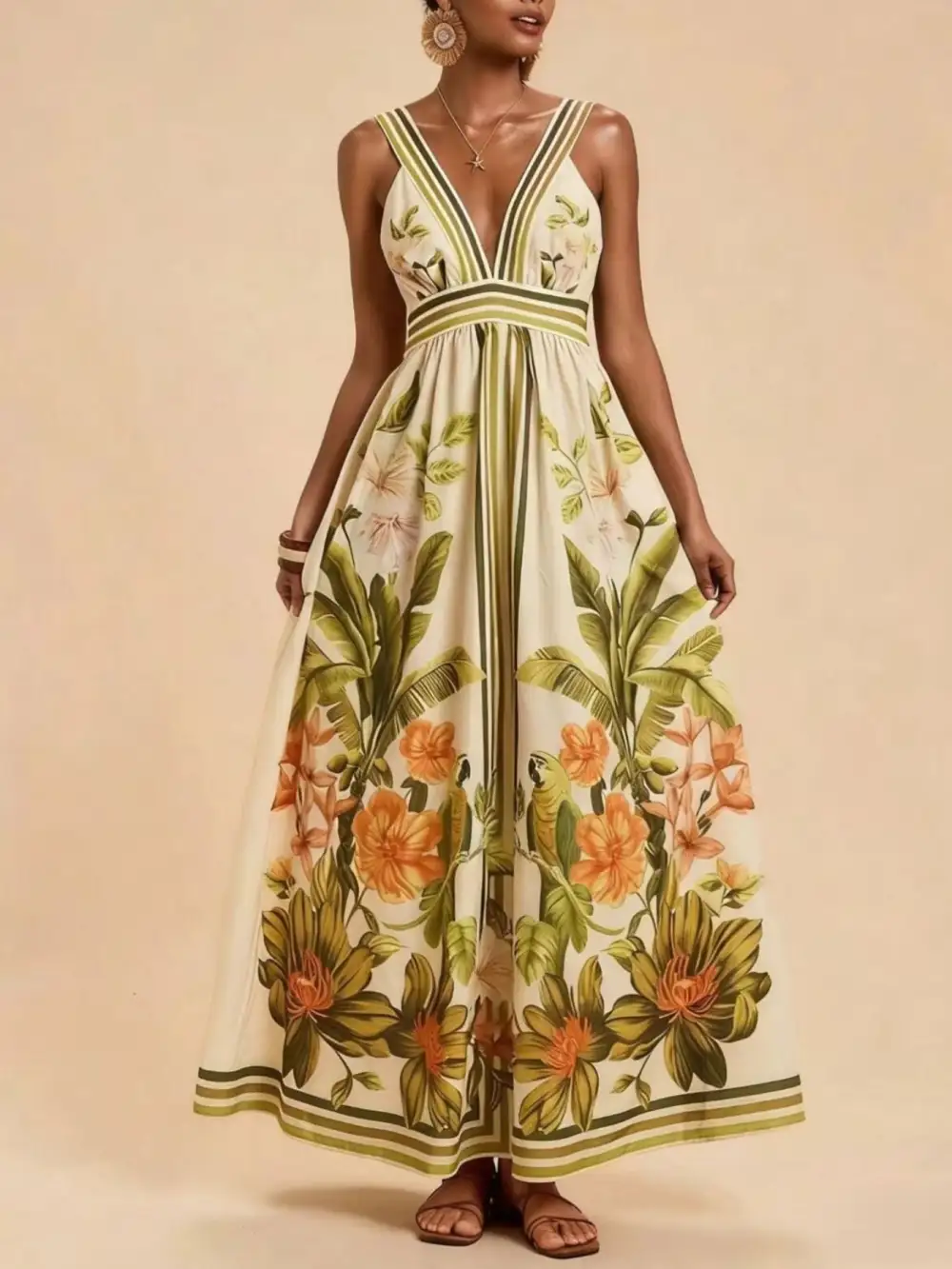 Smocked V-Neck Maxi Dress