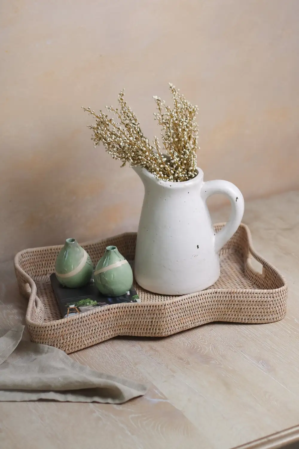 Scalloped Rectangular Washed Rattan Tray