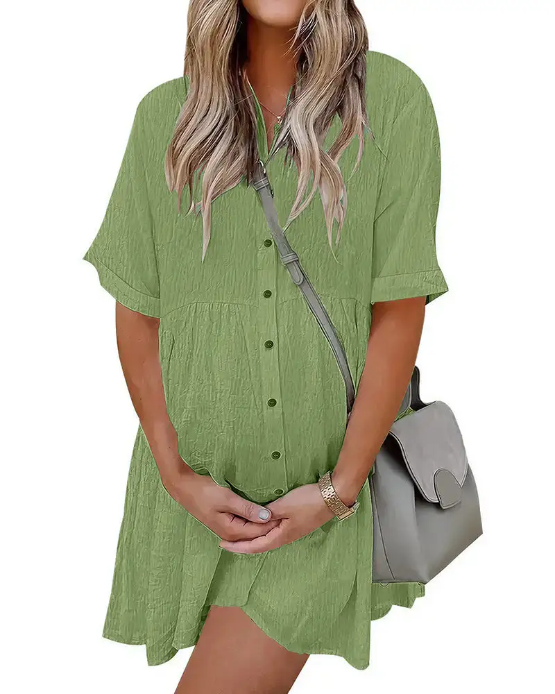 Effortless Button-Down Short Sleeve Shirt Dress With Pockets