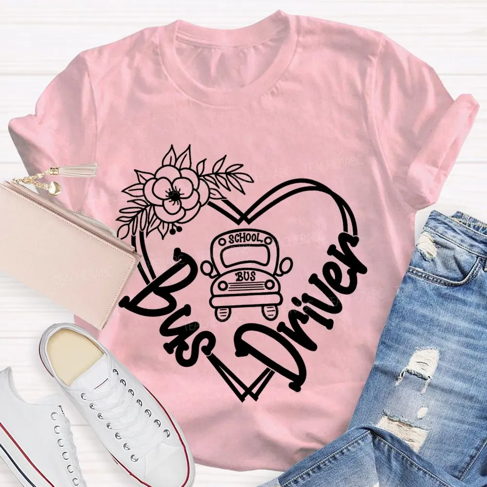 School Bus Driver Flower Heart And School Bus T-Shirt