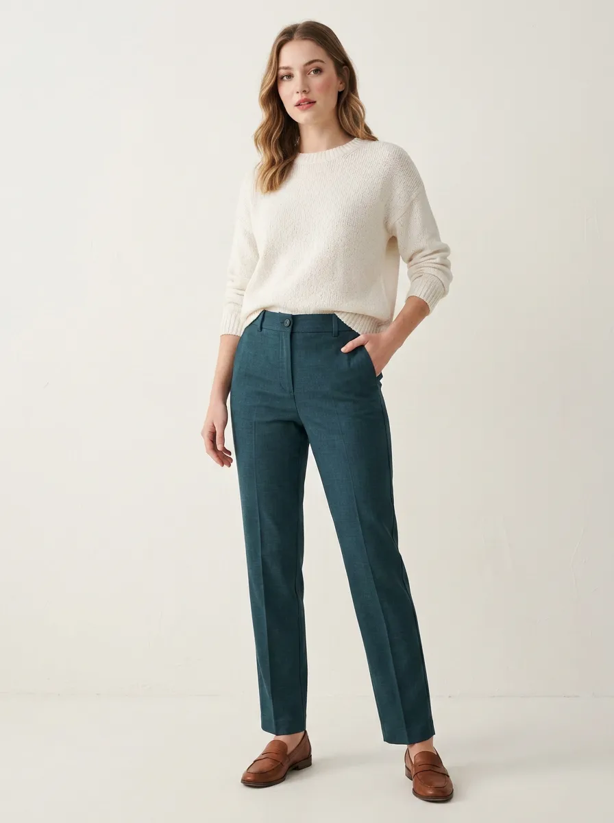 Women's Teal Solid Color Tailored Slim Fit Trousers