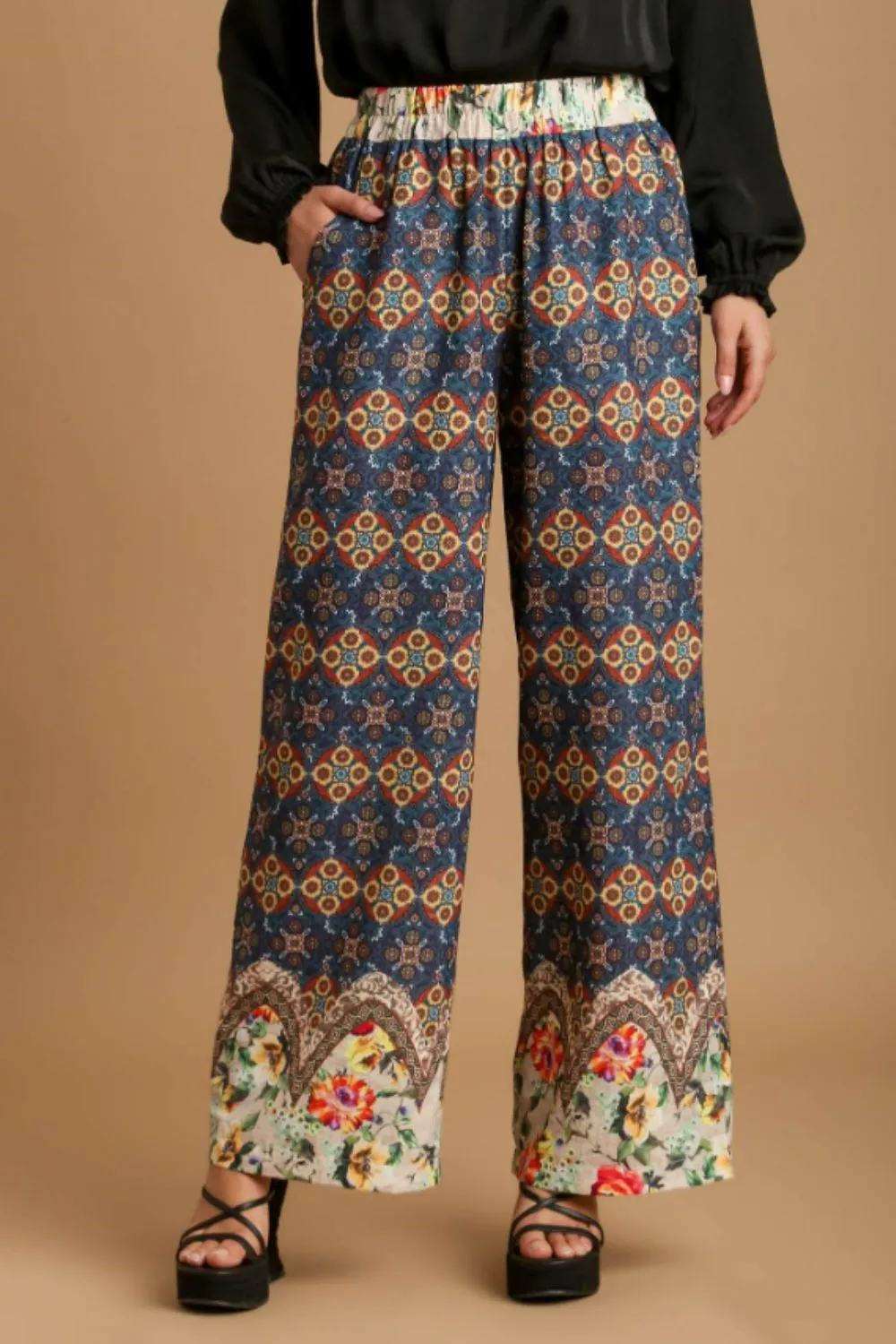 Full Size Mixed Print Elastic Waistband Pants Plus Size